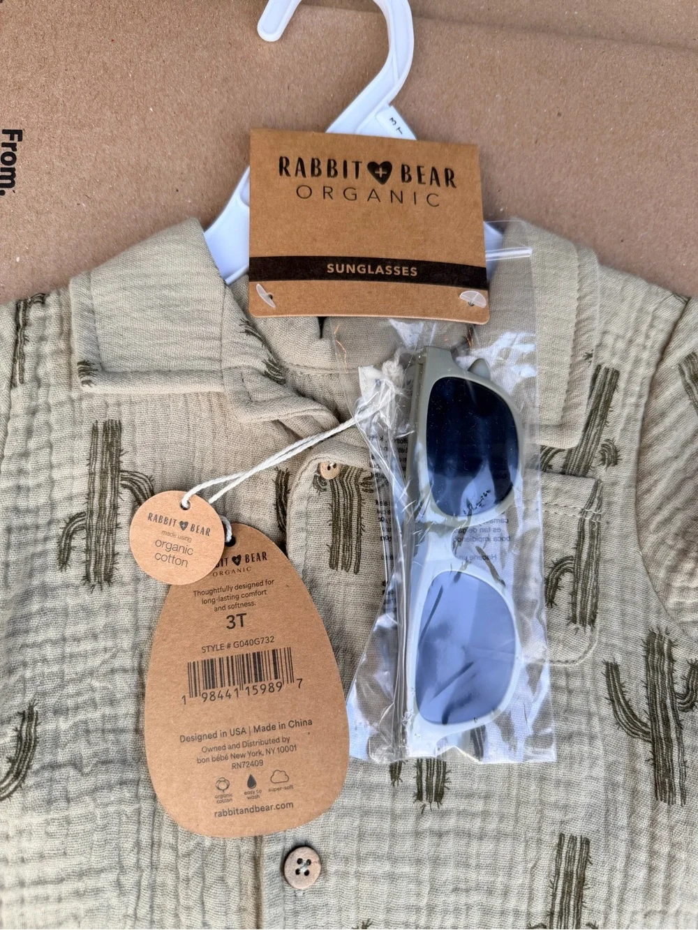 Rabbit & Bear Organic Kids Sage Cactus Button-Down Short Set with Sunglasses